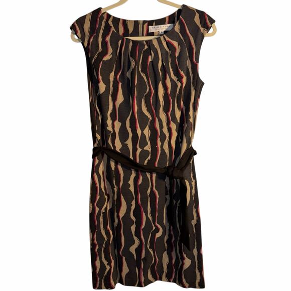 Trina Turk Abstract Print Belted Sheath Dress Size 2 Brown Tan Black Cap Sleeve - Picture 8 of 8